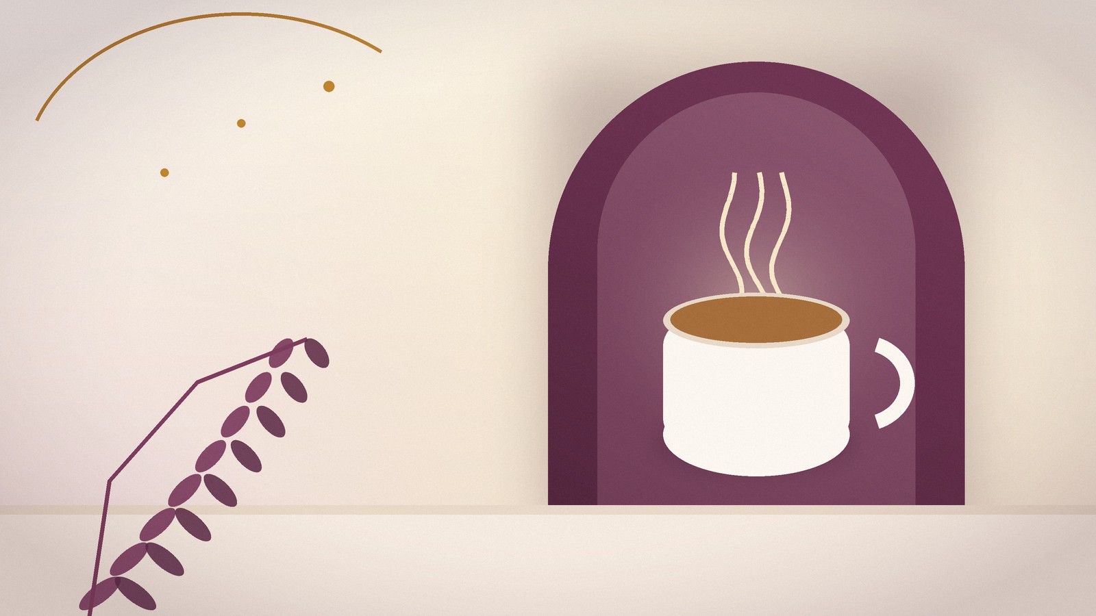 A warm café interior with a steaming coffee cup framed by an arched window and botanical fronds