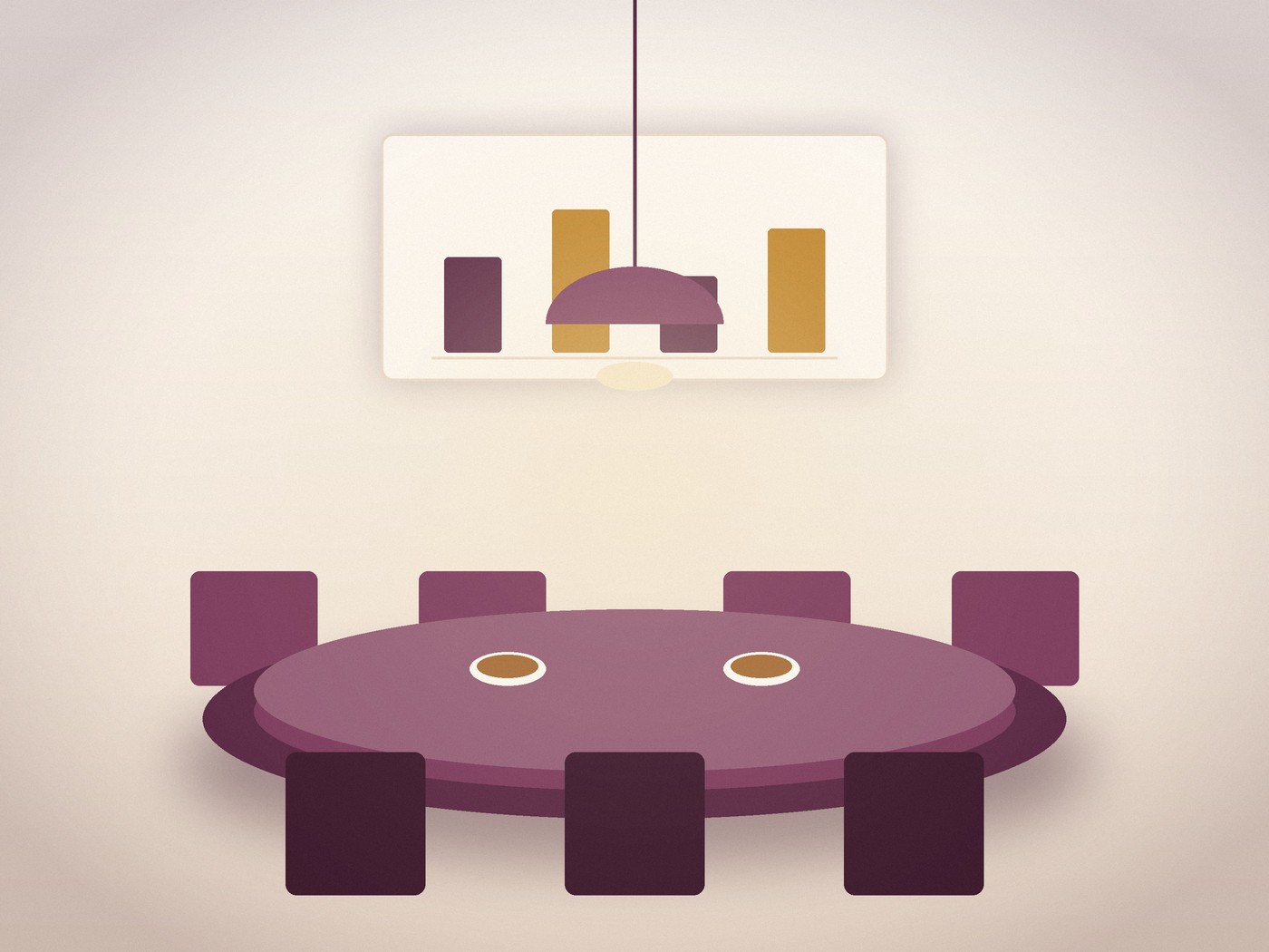 Overhead view of a round meeting table set with chairs, notebooks and coffee cups